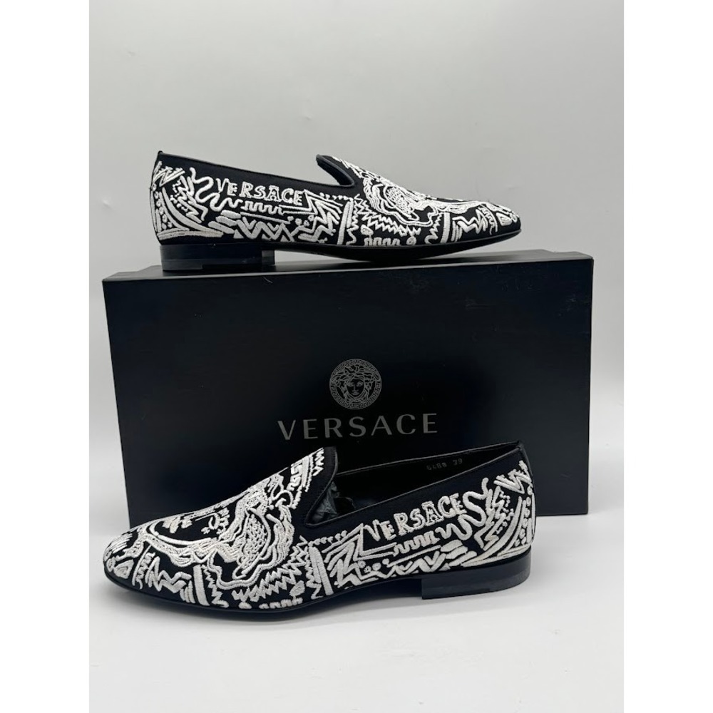 Versace Medusa Embroidered Slippers Black White Loafers DSU6488 US7 IT39 NEW